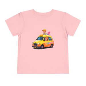 Pink Toddler T-shirt with a cartoon of two children in a yellow taxi