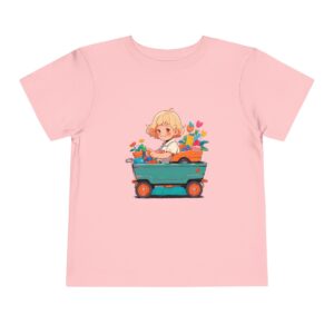 Pink Toddler T-shirt with a cartoon of a child in a blue wagon with flowers