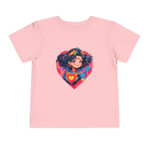 Pink toddler short sleeve tee with a vibrant superheroine illustration featuring a heart background