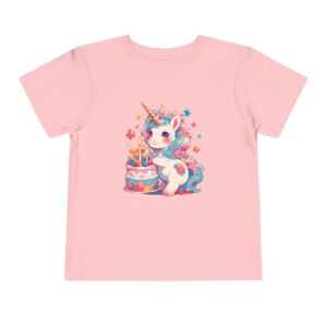 Pink toddler short sleeve tee with a cute smiling unicorn character design