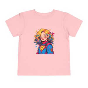 Pink toddler short sleeve tee with a cute superhero girl character design