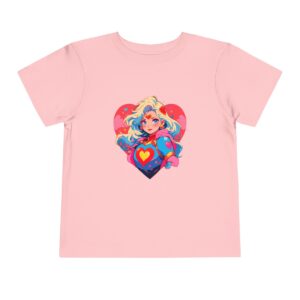 Pink toddler short sleeve tee with a vibrant superheroine illustration featuring a heart background