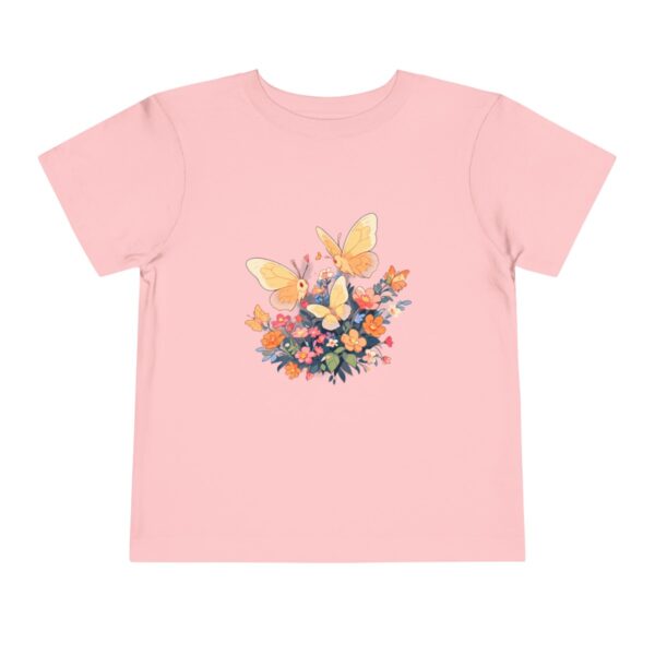 Pink toddler short sleeve tee with vibrant butterflies and flowers illustration