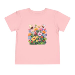 Pink toddler short sleeve tee with vibrant spring garden and bees illustration