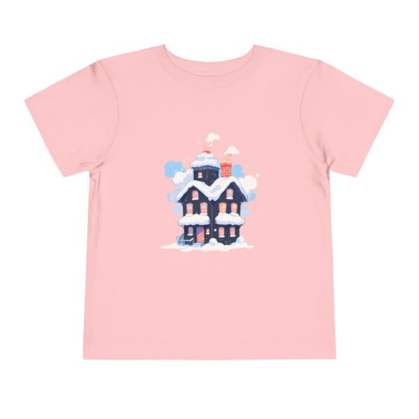 Pink toddler short sleeve tee with a cute snow-covered house illustration