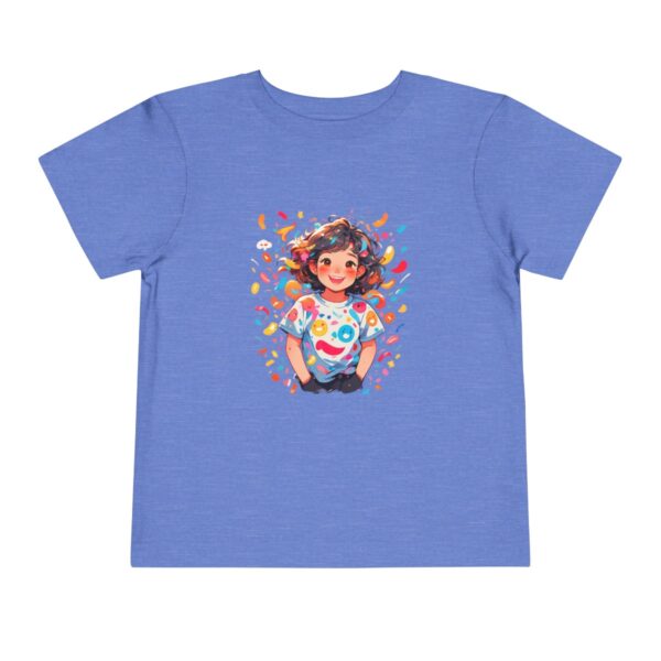 Blue toddler short sleeve tee with playful confetti and smiling girl illustration