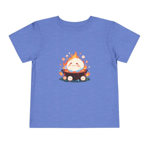 Blue toddler short sleeve tee with a cute happy bonfire design