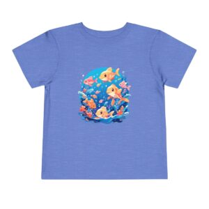 Blue toddler short sleeve tee with a summer ocean scene featuring colorful fish