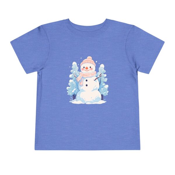 Blue toddler short sleeve tee with a cute snowman and snow-covered trees illustration