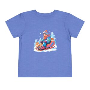 Blue toddler short sleeve tee with a cute sledding scene illustration