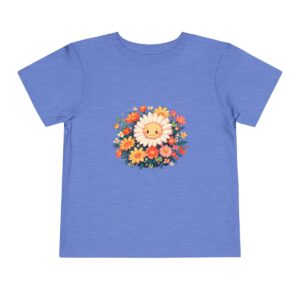 Blue toddler short sleeve tee with a cute spring flowers and smiling sun illustration