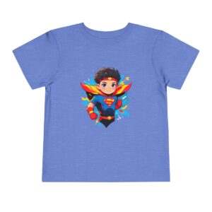 Toddler short sleeve tee with a superhero design on a light blue background