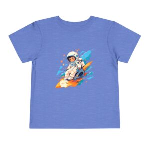 Blue toddler T-shirt with a cute astronaut riding a rocket graphic