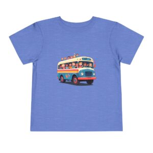 Blue Toddler T-shirt with a cartoon of children in a colorful bus