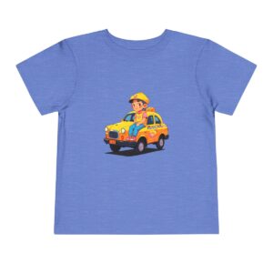 Blue Toddler T-shirt with a cartoon of a child in a yellow taxi