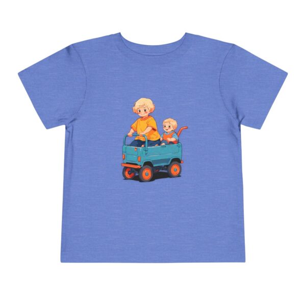 Blue Toddler T-shirt with a cartoon of two children in a blue wagon