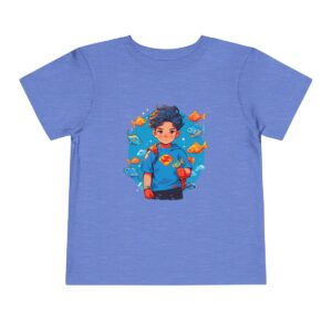 Light blue toddler short sleeve tee with a cute superhero character surrounded by fish design