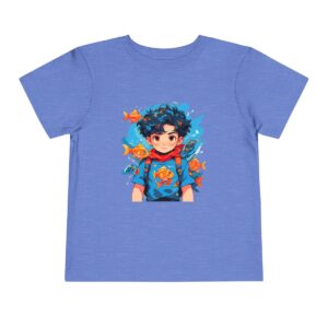 Light blue toddler short sleeve tee with a cute superhero character surrounded by fish design