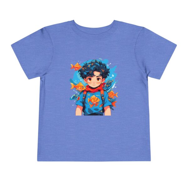 Light blue toddler short sleeve tee with a cute superhero character surrounded by fish design