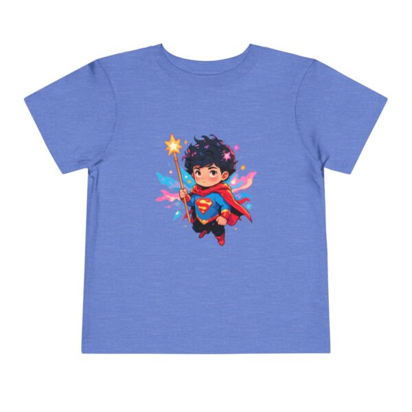 Light blue toddler short sleeve tee with a cute superhero character design