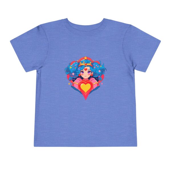 Blue toddler short sleeve tee with a vibrant superheroine illustration featuring a heart background