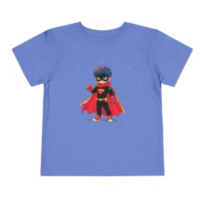 Blue toddler short sleeve tee with a cute superhero illustration featuring a child in a cape and mask