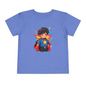 Blue toddler short sleeve tee with cute superhero boy illustration