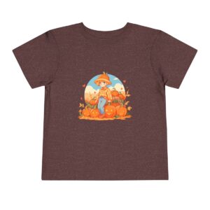 Brown toddler short sleeve tee with a fall scene illustration featuring a child sitting among pumpkins