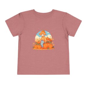 Pink toddler short sleeve tee with a fall scene illustration featuring a child with pumpkins