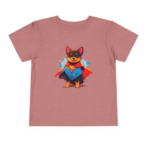 Pink toddler short sleeve tee with a vibrant superhero dog illustration wearing a cape