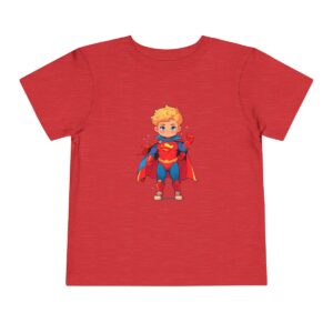 Red toddler short sleeve tee with a cute superhero illustration featuring a child in a cape