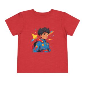 Red toddler short sleeve tee with cute superhero boy illustration