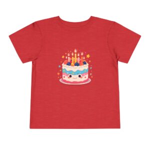 Red toddler short sleeve tee with birthday cake and lit candles illustration