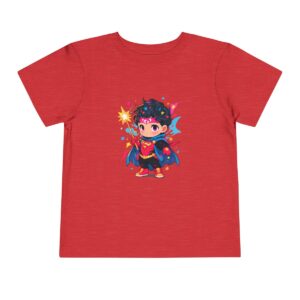 Red toddler short sleeve tee with cute superhero boy illustration