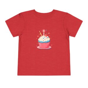 Red toddler short sleeve tee with cupcake and lit candle illustration