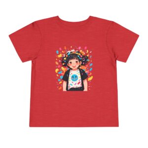 Red toddler short sleeve tee with playful confetti and smiling girl illustration