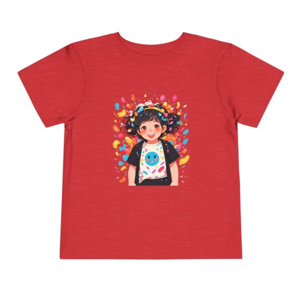 Red toddler short sleeve tee with playful confetti and smiling girl illustration