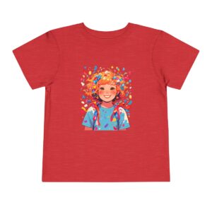 Red toddler short sleeve tee with playful confetti and smiling girl illustration