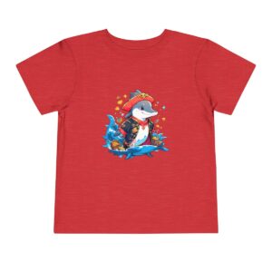 Toddler short sleeve tee with a pirate dolphin design on a red background