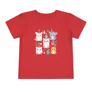 Red toddler short sleeve tee with cute baby animals and balloons illustration