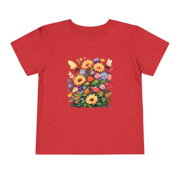 Red toddler short sleeve tee with vibrant spring garden and butterflies illustration