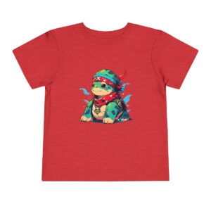 Toddler short sleeve tee with a pirate sea turtle design on a red background