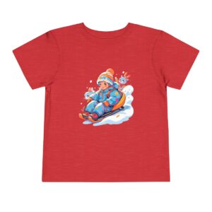 Red toddler short sleeve tee with a cute sledding scene illustration