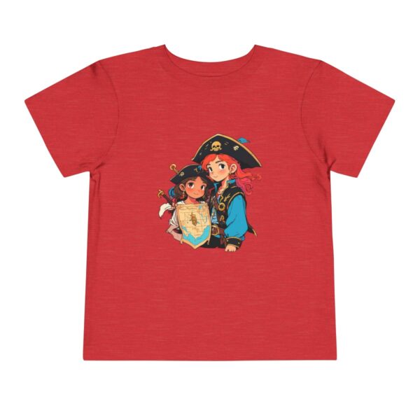 Toddler short sleeve tee with a pirate boy and girl design on a red background