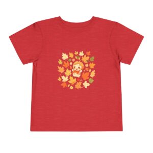 Red toddler short sleeve tee with a cute autumn leaves and smiling child illustration