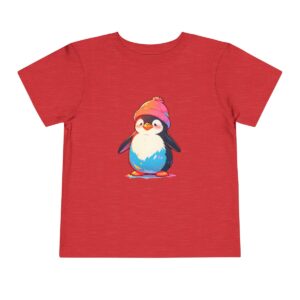 Red toddler short sleeve tee with a cute penguin wearing a hat illustration