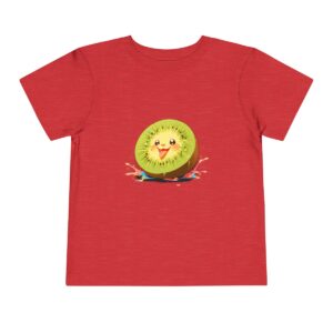 Red toddler short sleeve tee with a cute smiling kiwi slice character design