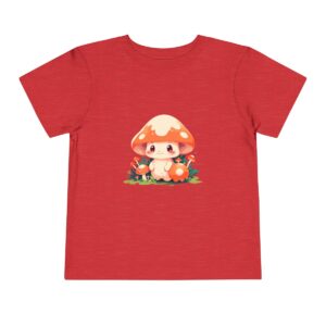 Red toddler short sleeve tee with a cute mushroom character design