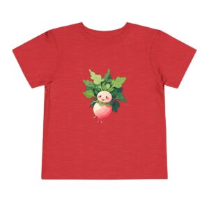 Red toddler short sleeve tee with a cute smiling radish character design