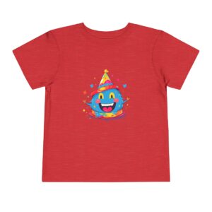 Toddler short sleeve tee with a cheerful party hat emoji design on a red background